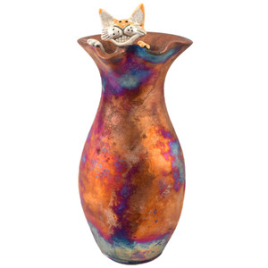 Peekaboo Cat Raku Vase